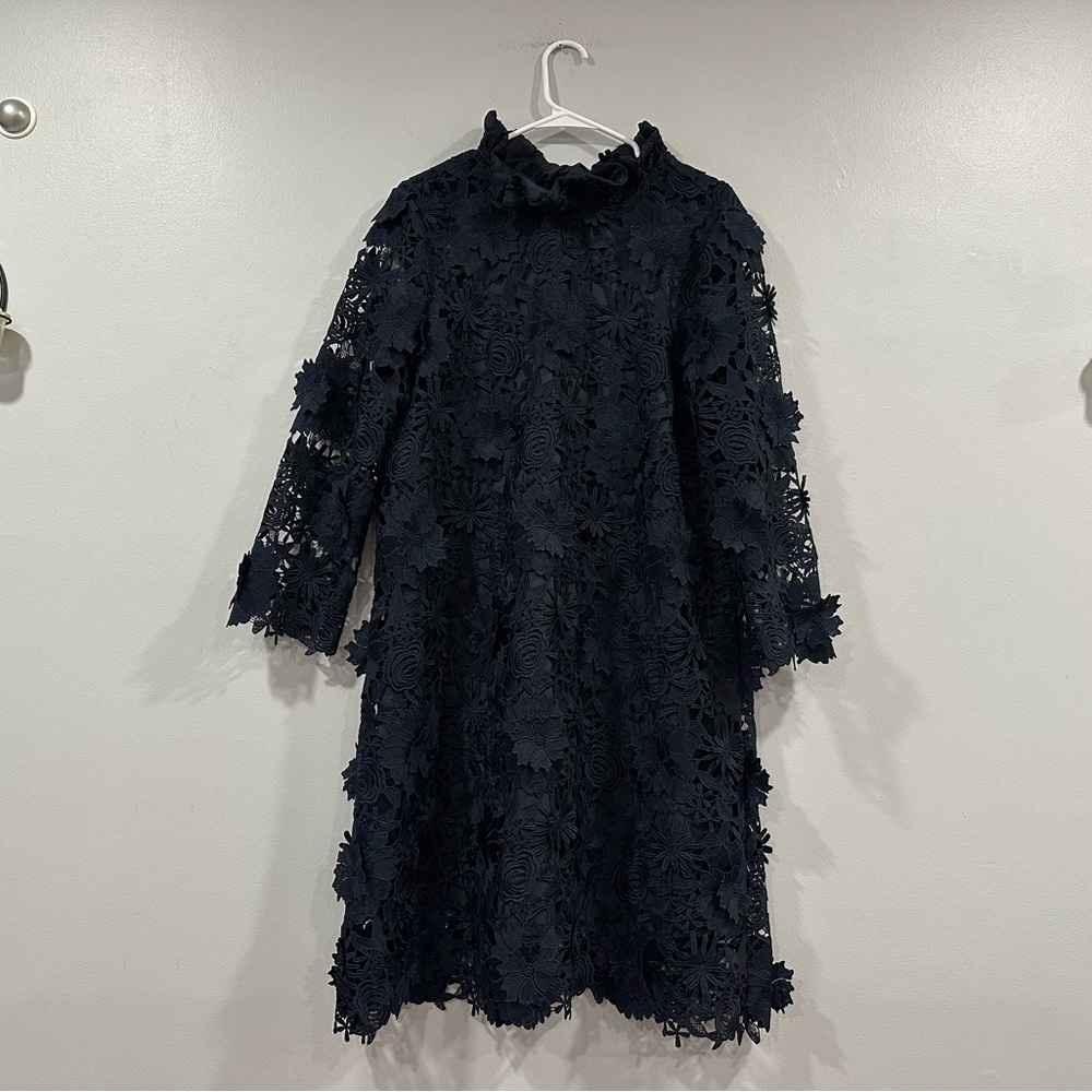 Tuckernuck Navy Blue Guipure Lace Daphne Dress XL Ruffle Collar Bow Party XL